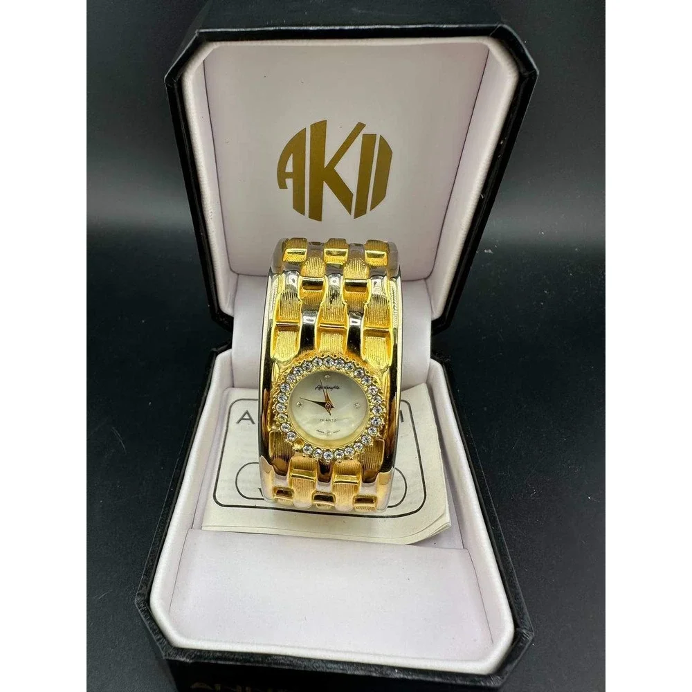 Afterthoughts Gold Tone Rhinestone Cuff Watch Japan Movt V#04979 - 056 (56)